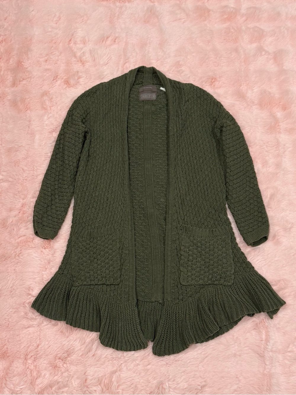 Anthropologie Guinevere Olive Green Long Sleeve Open Knit Cardigan